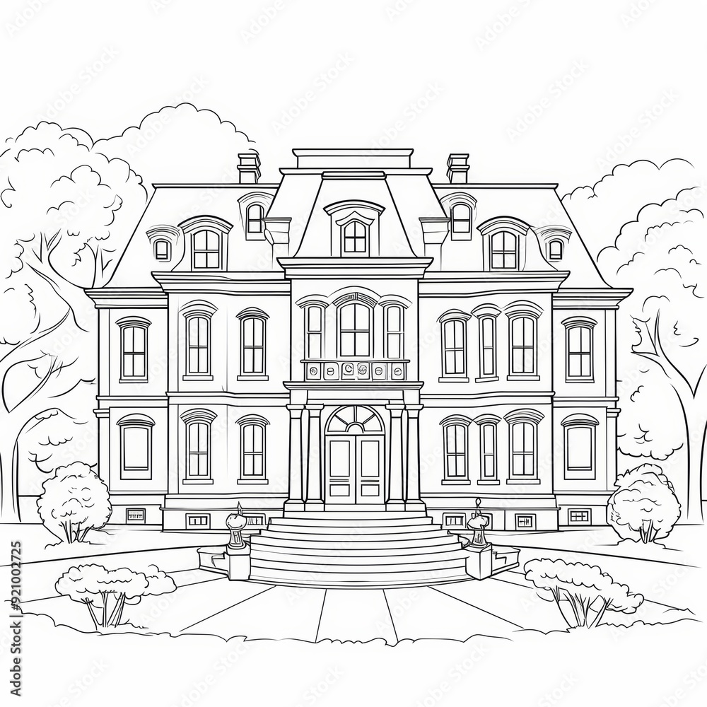 Black and white line art illustration of a large mansion with a front yard. Black and white line art illustration of a large mansion with a front yard.