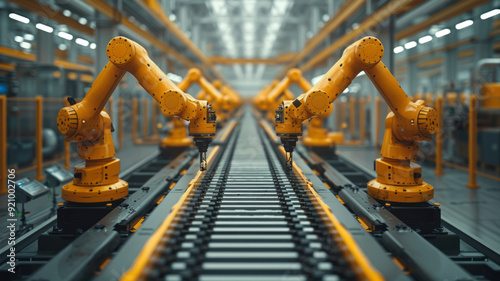 Two project managers standing in modern industrial factory, looking at laptop screen. Manufacturing facility with robotics, robotic arms and automation. Storing products and materials in warehouse.