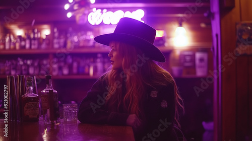 A woman in a cowboy hat at a bar, pink neon sign in the background - a smoky, cinematic americana portrait in a country and western roadhouse bar, patches on her jacket