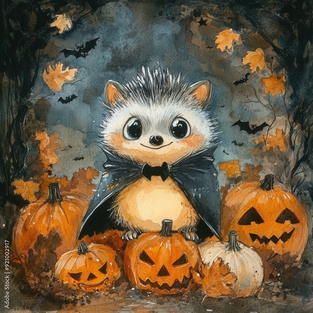 A cute little hedgehog wearing a black cape and a bow tie stands in front of a bunch of pumpkins A cute little hedgehog wearing a black cape and a bow tie stands in front of a bunch of pumpkins
