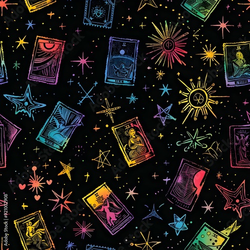 Glittering Constellations Tarot Card Pattern in Vibrant Neon Hues Night Sky