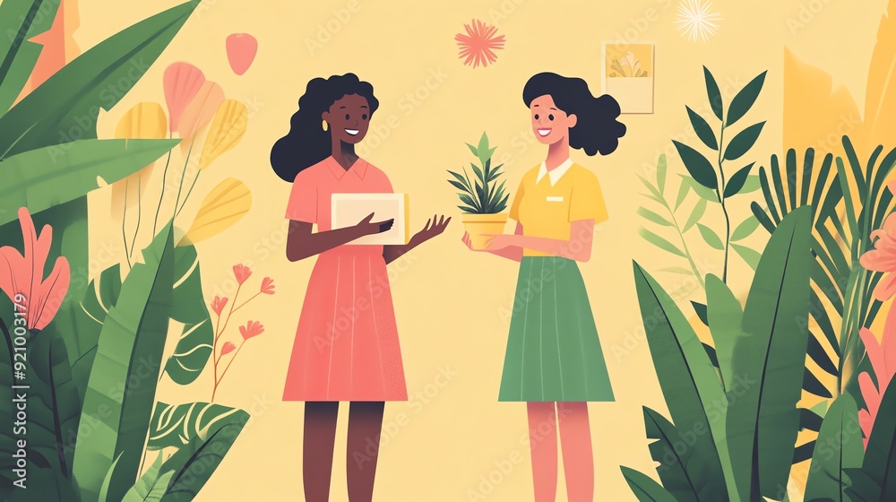 Two women talking surrounded by plants. Two women talking surrounded by plants.