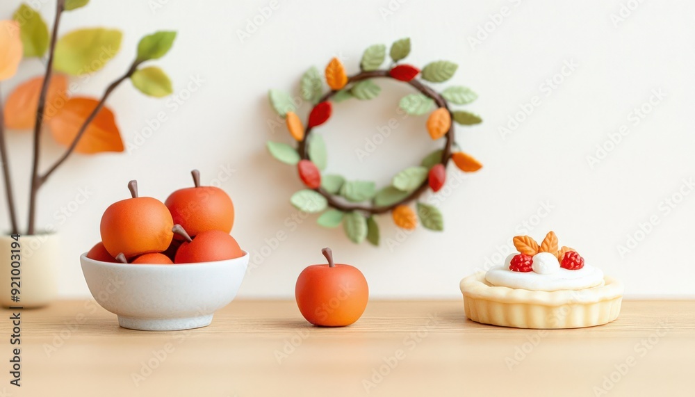 Autumn-themed still life with apples in a bowl, a decorative wreath, and a fruit tart on a wooden surface. Autumn-themed still life with apples in a bowl, a decorative wreath, and a fruit tart on a wooden surface.