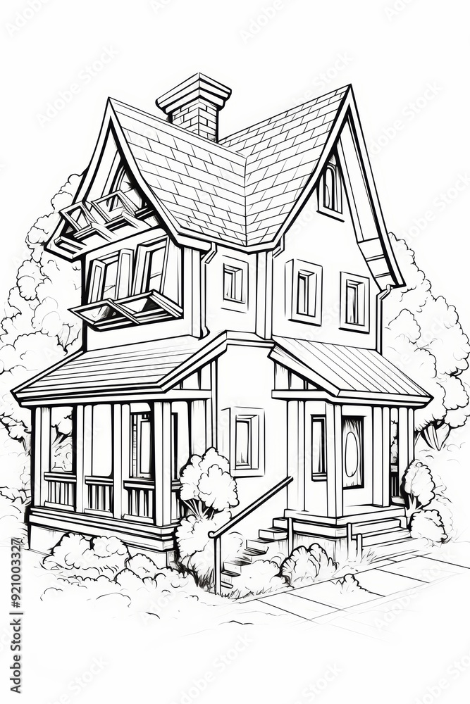 Black and white line drawing of a house with a porch, steps, bushes, and trees. Black and white line drawing of a house with a porch, steps, bushes, and trees.
