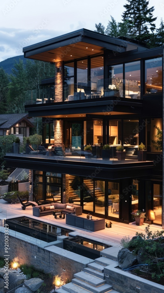 Contemporary mountain home with a sleek design. Contemporary mountain home with a sleek design.
