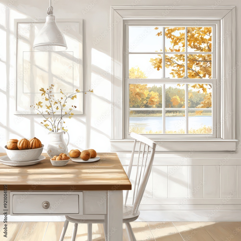 Bright kitchen interior with wooden table, autumn view from window, fresh pastries and minimalist decor in natural light Bright kitchen interior with wooden table, autumn view from window, fresh pastries and minimalist decor in natural light