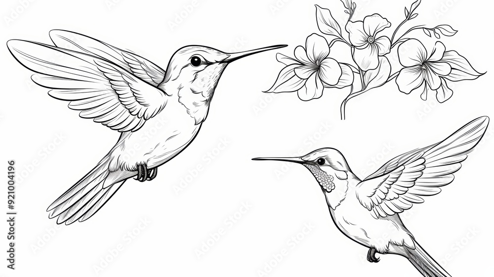 Fototapeta premium Two hummingbirds in flight with a flower branch in black and white line art.