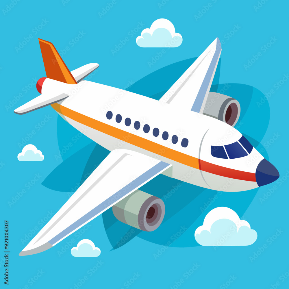 Naklejka premium White jet passenger airplane airliner in blue sky cartoon vector illustration