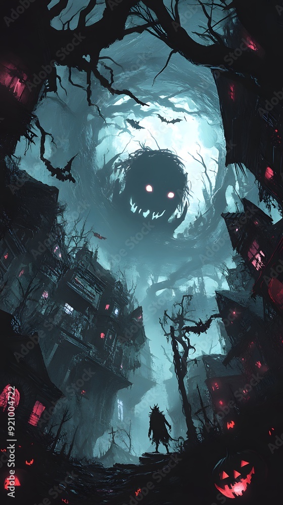 Mysterious eerie scene with a shadowy figure, spooky house, and ominous sky with a giant sinister face looming above. Mysterious eerie scene with a shadowy figure, spooky house, and ominous sky with a giant sinister face looming above.