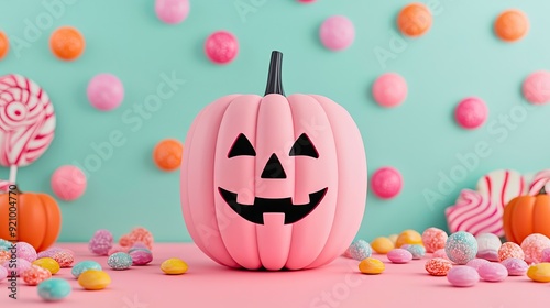 A playful pink pumpkin with a smiling face surrounded by colorful candies on a vibrant backdrop, perfect for Halloween themes. 3D Render