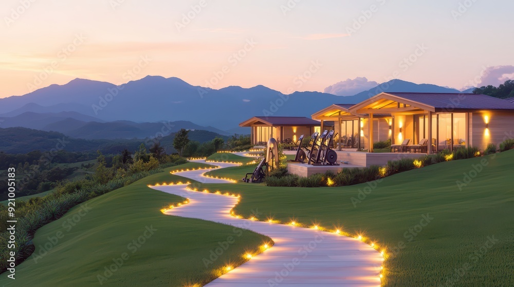 Fototapeta premium Serene landscape featuring modern houses, glowing pathway, and majestic mountains in the backdrop during sunset.