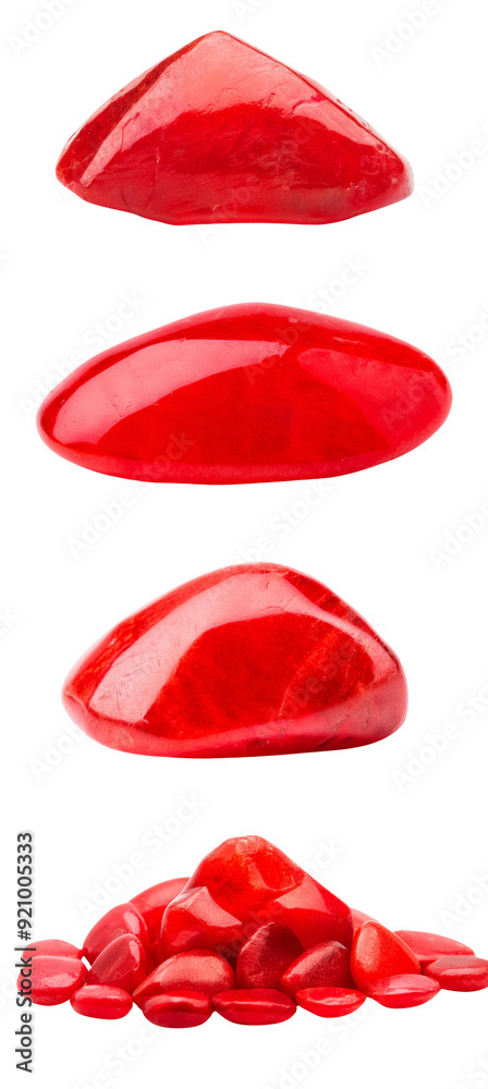 Fototapeta premium A collection of vibrant red gemstones stacked creatively, showcasing their unique shapes and glossy textures.