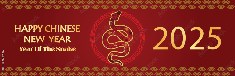 Obraz premium Chinese New Year 2025, the year of the snake, red and gold line art characters, simple hand-drawn Asian elements with craft (Chinese translation: Happy Chinese New Year 2025, year of the snake)