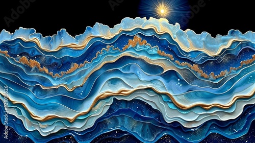 A tapestry of dreams with ethereal shades of blue adorned with gold paths and golden dust. 