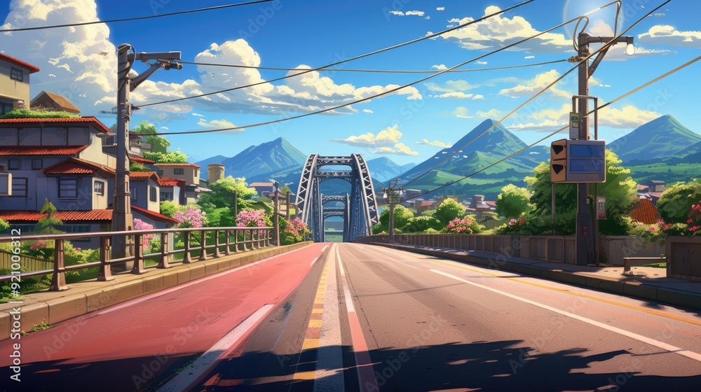 Fototapeta premium Empty Road Leading to a Bridge and Mountains.