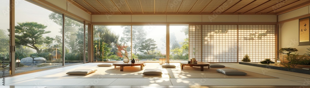 A serene and modern interior of a traditional Japanese room, filled with natural light and minimalist decor. A serene and modern interior of a traditional Japanese room, filled with natural light and minimalist decor.