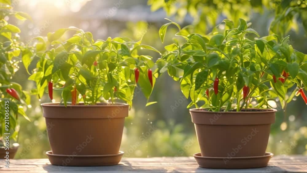 Fresh chili plants in pots in the yard