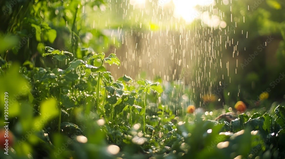 Fototapeta premium Serene Garden Nourished by Morning Dew,Peaceful Nature Renewal