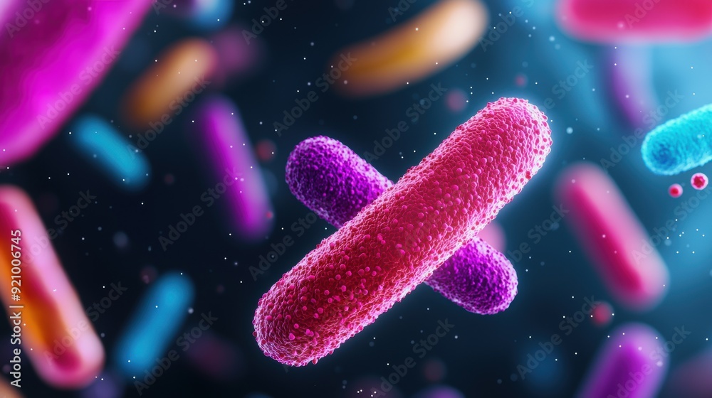 Exploring the Diversity of Intestinal Microbiome - Microscopic View with Colorful Microorganisms in Vivid Composition, Copy Space Available. Exploring the Diversity of Intestinal Microbiome - Microscopic View with Colorful Microorganisms in Vivid Composition, Copy Space Available.