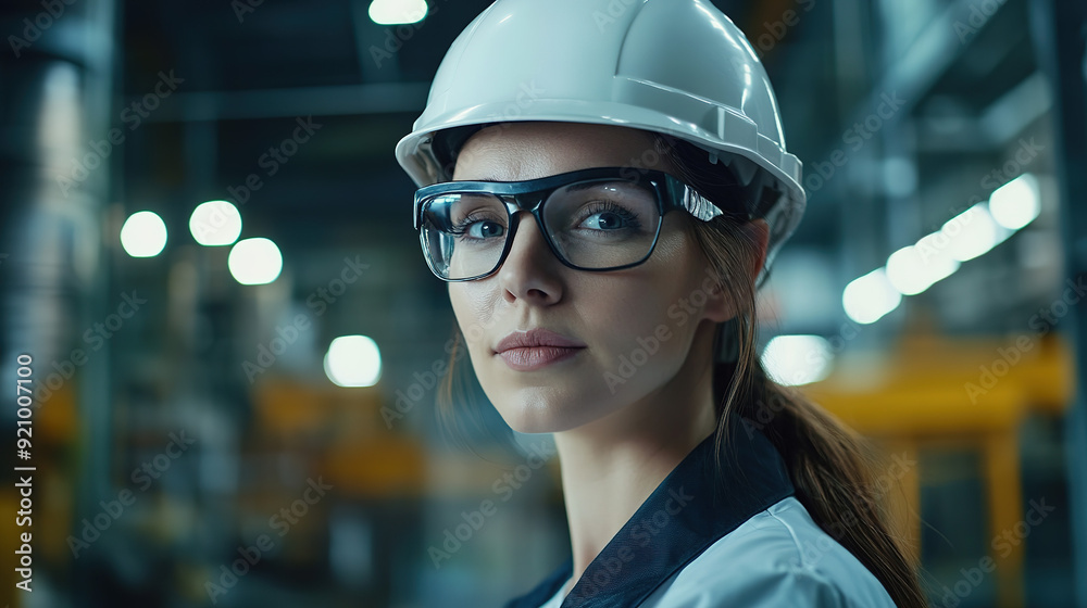 Industrial worker in safety glasses and a white hard hat, portrayed in a cinematic eye-level shot with accent lighting, working in a realistic industrial setting. Industrial worker in safety glasses and a white hard hat, portrayed in a cinematic eye-level shot with accent lighting, working in a realistic industrial setting.