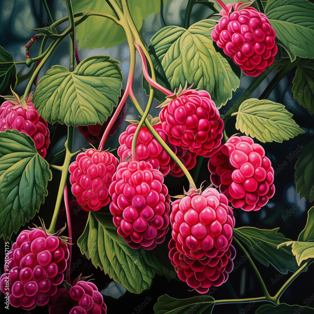 Fresh Ripe Raspberries on Branch Close-Up