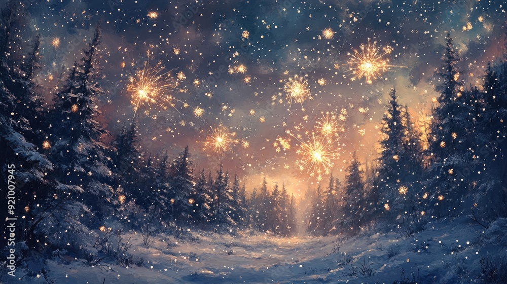 Winter Wonderland Forest with Fireworks Illuminating Snowy Night Sky Winter Wonderland Forest with Fireworks Illuminating Snowy Night Sky