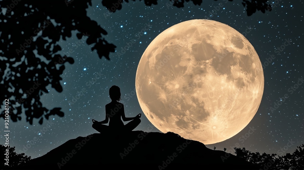 A serene silhouette of a person meditating under a full moon, surrounded by twinkling stars. A serene silhouette of a person meditating under a full moon, surrounded by twinkling stars.