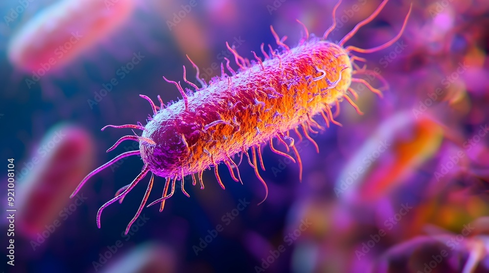 Fototapeta premium Vibrant Microscopic Bacterial Cell with Flagella and Pili Showcasing Microbial Life and Diversity