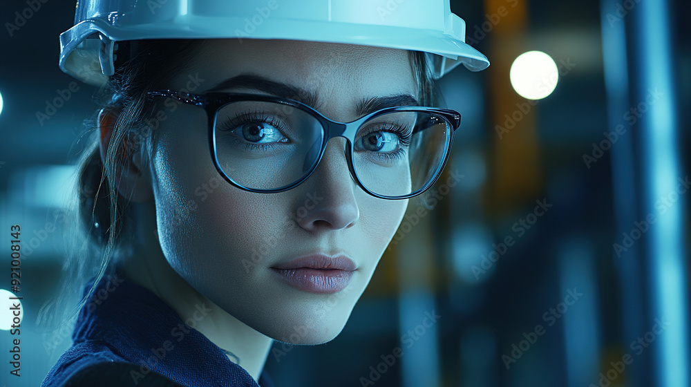 Editorial close-up of an industrial woman wearing glasses and a hard hat, engaged in her work within an industrial facility, captured with realistic and cinematic lighting. Editorial close-up of an industrial woman wearing glasses and a hard hat, engaged in her work within an industrial facility, captured with realistic and cinematic lighting.