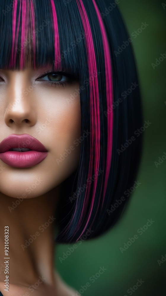 A woman with black hair with pink and blue highlights A woman with black hair with pink and blue highlights