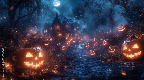 Enchanting Halloween Glow: Jack O' Lanterns Illuminating a Dreamy Night Setting for a Spooky Background