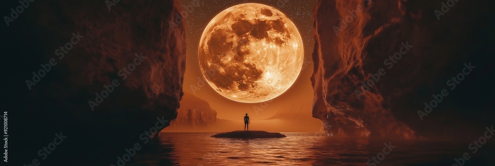 A solitary figure stands on an island, gazing at a massive, luminous moon in a surreal landscape. A solitary figure stands on an island, gazing at a massive, luminous moon in a surreal landscape.