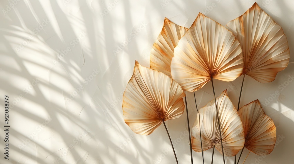 Dried Beige Palm Leaves on Neutral White Wall Background, Floral Boho Composition with Copy Space Dried Beige Palm Leaves on Neutral White Wall Background, Floral Boho Composition with Copy Space