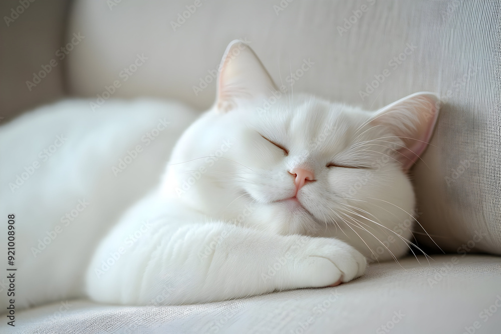 A serene white cat peacefully sleeping on a soft couch, radiating tranquility and comfort in a cozy environment.