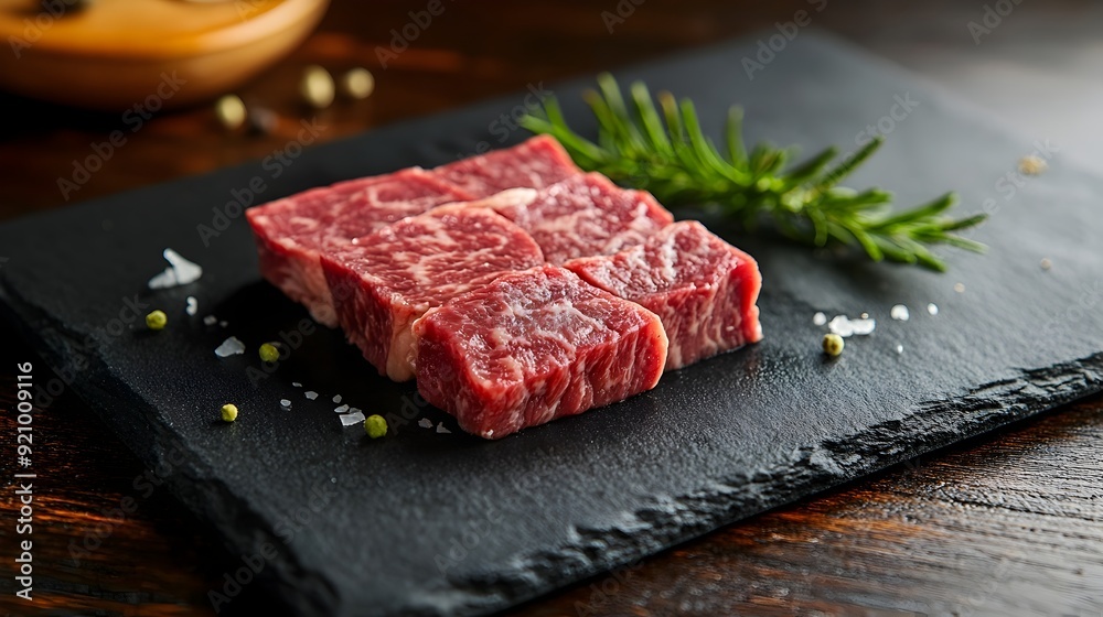 Exquisite Kobe Beef Steak on Elegant Black Slate Plate Exquisite Kobe Beef Steak on Elegant Black Slate Plate