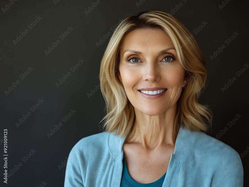 A woman with blonde hair and blue cardigan smiling at the camera