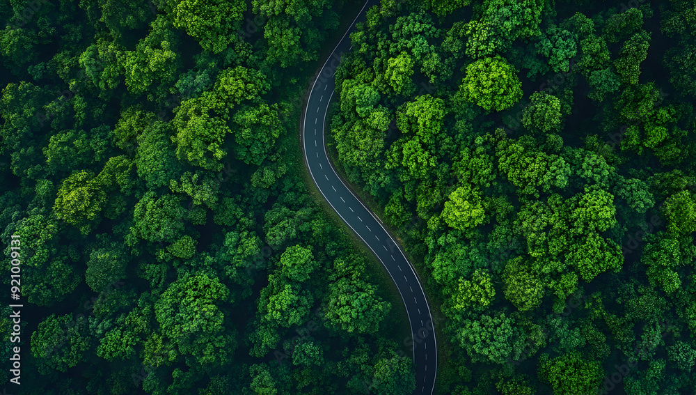 Aerial view of a winding road surrounded by dense green forest, showcasing nature's beauty and tranquility. Aerial view of a winding road surrounded by dense green forest, showcasing nature's beauty and tranquility.
