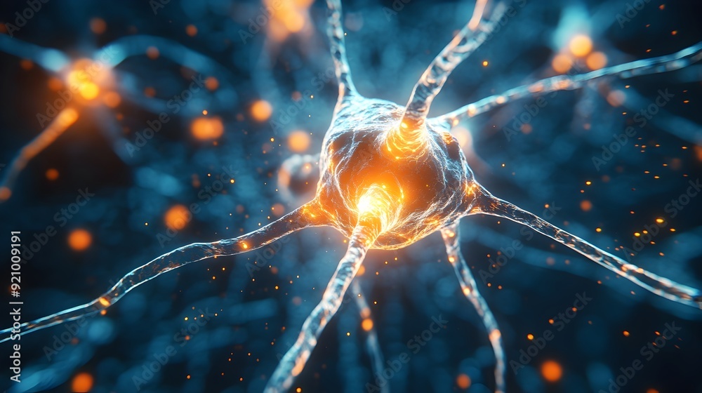 Detailed Depiction of Neuron Cells Firing Electric Sparks in the Abstract Brain Detailed Depiction of Neuron Cells Firing Electric Sparks in the Abstract Brain