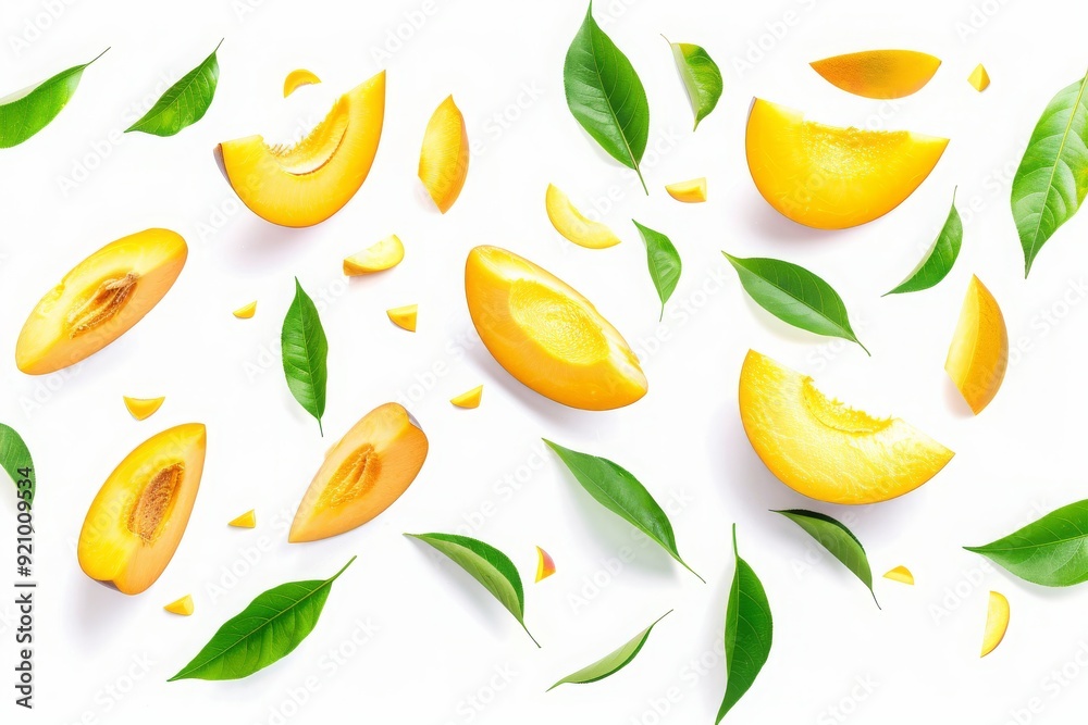 Fototapeta premium Mango slices falling or floating in the air with green leaves isolated on white background 