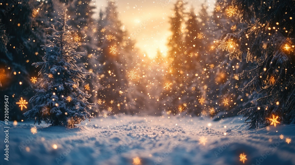 Magical Winter Wonderland with Snowy Trees and Golden Snowflakes at Sunset Magical Winter Wonderland with Snowy Trees and Golden Snowflakes at Sunset