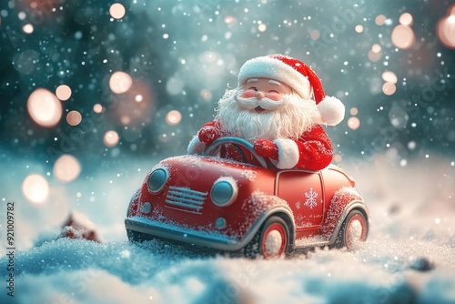 Festive Santa Claus Driving Toy Car in Snowy Winter Wonderland with Christmas Lights and Bokeh Effect photo