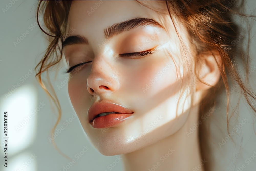 Serene Young Woman with Closed Eyes in Soft Sunlight Highlighting Natural Beauty Serene Young Woman with Closed Eyes in Soft Sunlight Highlighting Natural Beauty