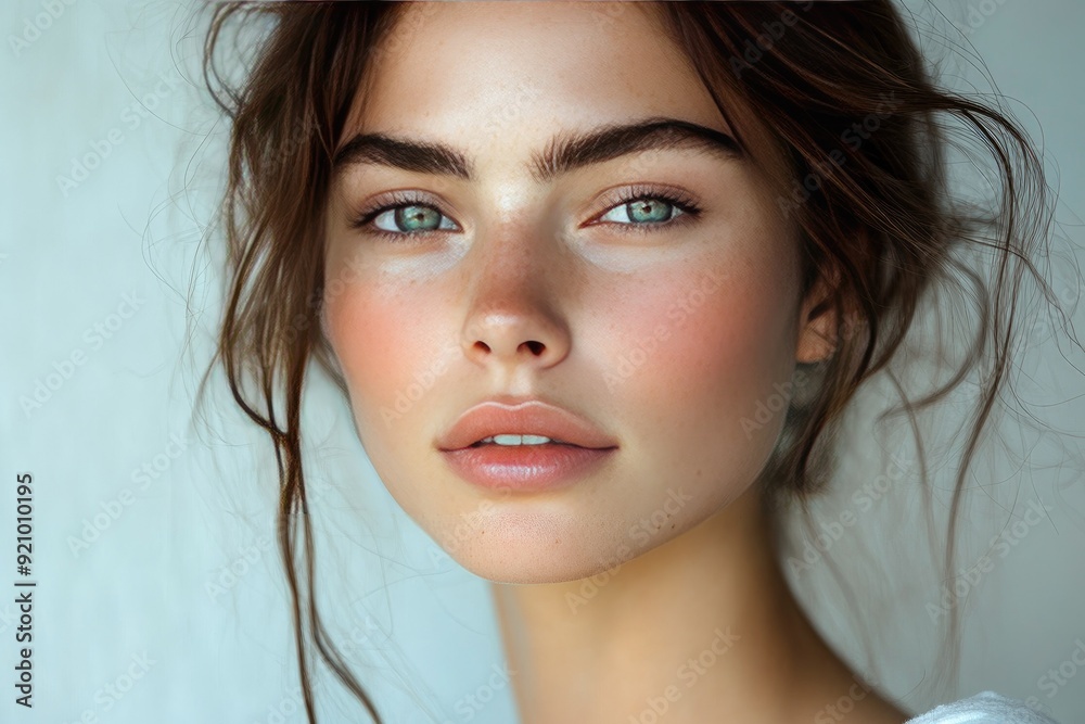 Portrait of Young Woman with Natural Beauty, Clear Skin, and Striking Blue Eyes Portrait of Young Woman with Natural Beauty, Clear Skin, and Striking Blue Eyes
