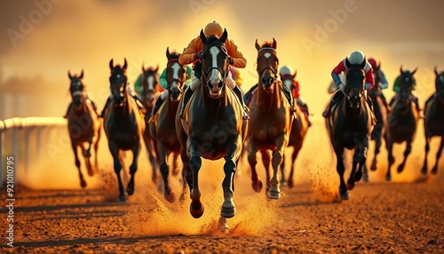 Cross view of horses racing closely in the hippodrome.