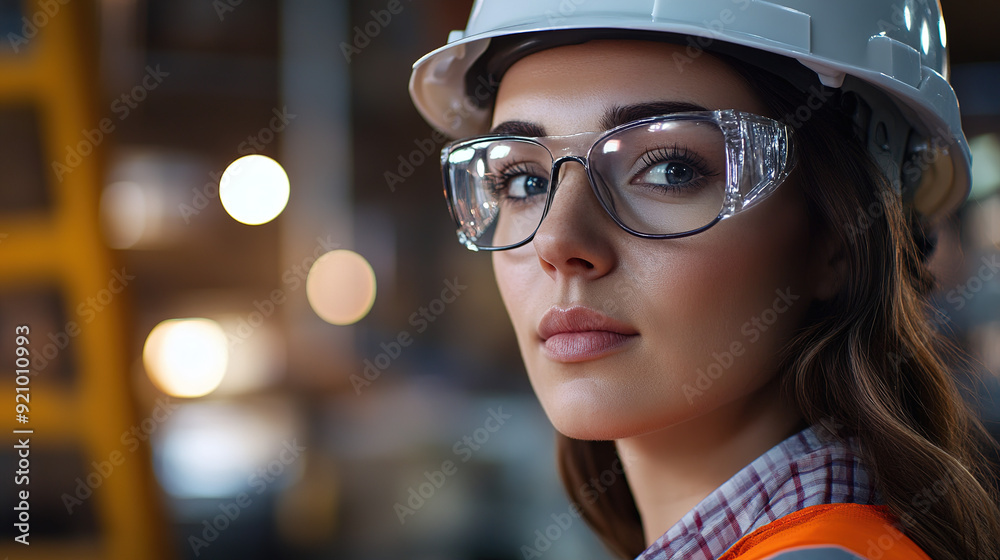Female industrial worker in a white helmet and glasses, shown in a realistic and cinematic eye-level shot, with accent lighting highlighting her presence in an industrial building. Female industrial worker in a white helmet and glasses, shown in a realistic and cinematic eye-level shot, with accent lighting highlighting her presence in an industrial building.