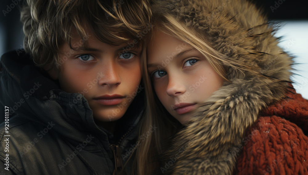 Two cute Caucasian children smiling and looking at the camera generated by AI Two cute Caucasian children smiling and looking at the camera generated by AI