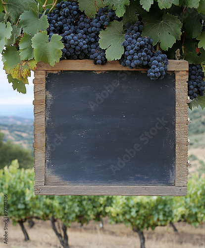 A square blank sign framed by wood, grapes and vines - a custom message background for a wine tasting, winery, or farm - blackboard style copyspace - frame