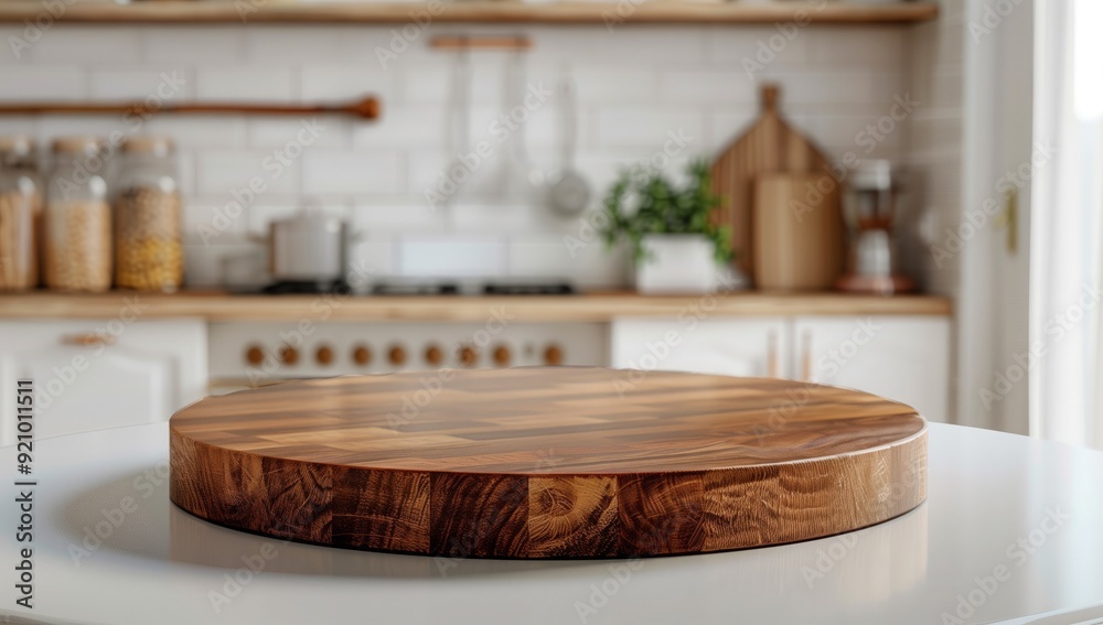 Empty wooden plank for product display in kitchen interior. Empty wooden plank for product display in kitchen interior.