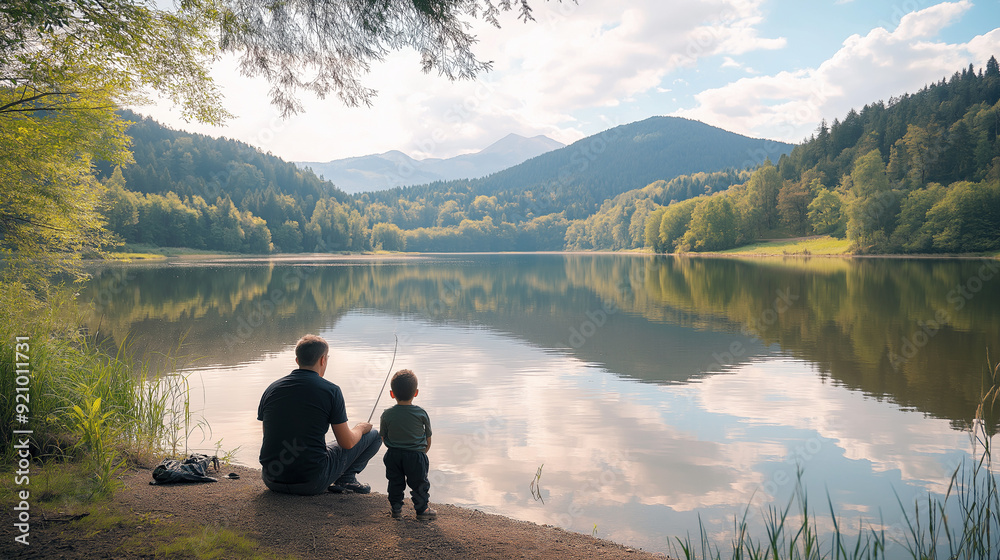 Father and Son Fishing by a Scenic Mountain Lake on a Sunny Day Father and Son Fishing by a Scenic Mountain Lake on a Sunny Day