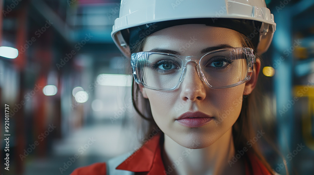 Eye-level shot of a professional industrial woman in safety glasses and a hard hat, looking directly at the camera amidst a well-lit industrial backdrop, featuring cinematic lighting.